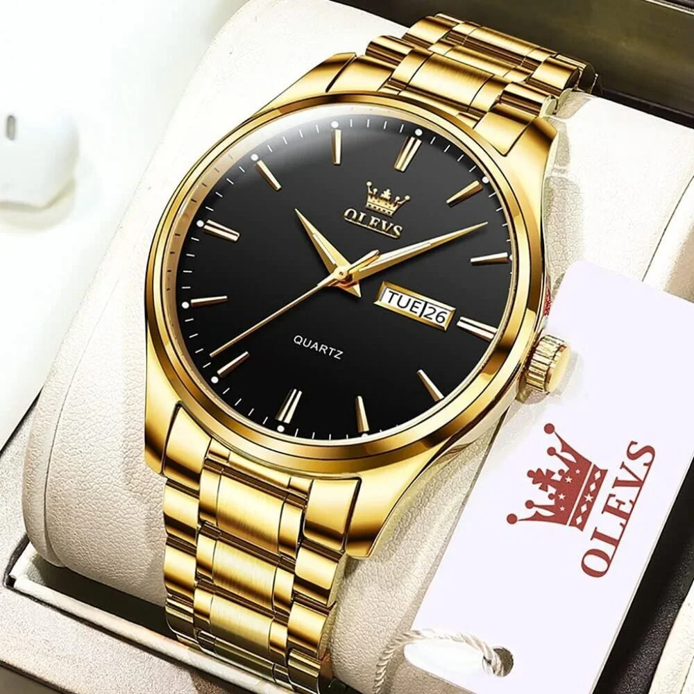 Olevs Men's Gold Steel Black-Dial Waterproof Stainless Luminous Stylish Watch